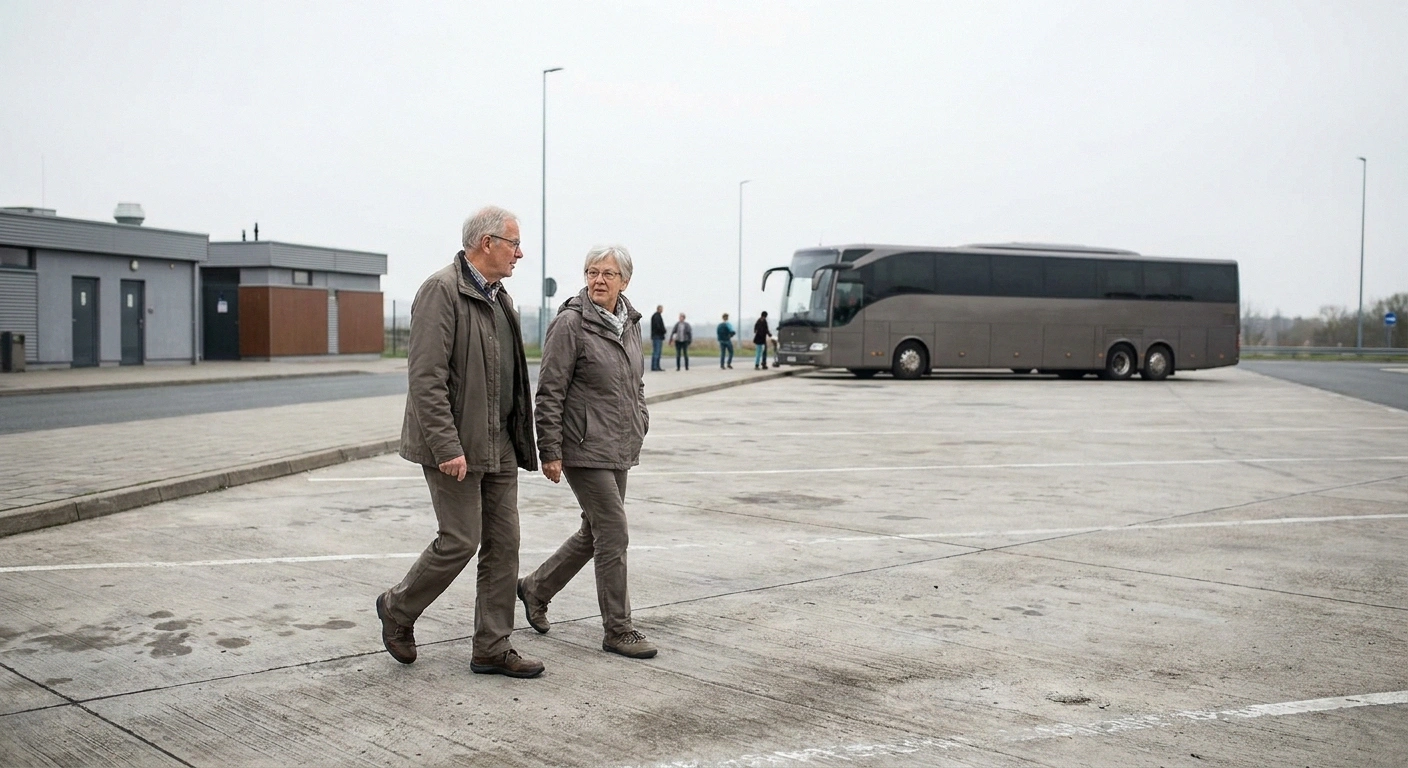 Two older travelers walking across a rest area apron away from a parked coach