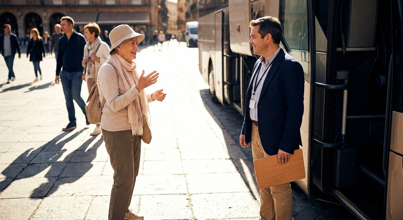 Traveler talking with a tour director beside an open coach door in bright sunlight