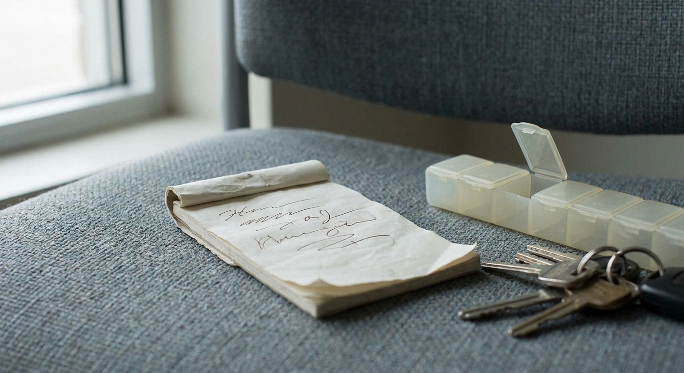 A handwritten note, car keys and a pill organiser on a waiting room chair