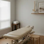 An empty chiropractic treatment room with a cream adjustment table by a window