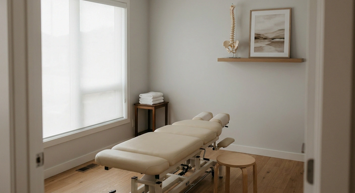 An empty chiropractic treatment room with a cream adjustment table by a window