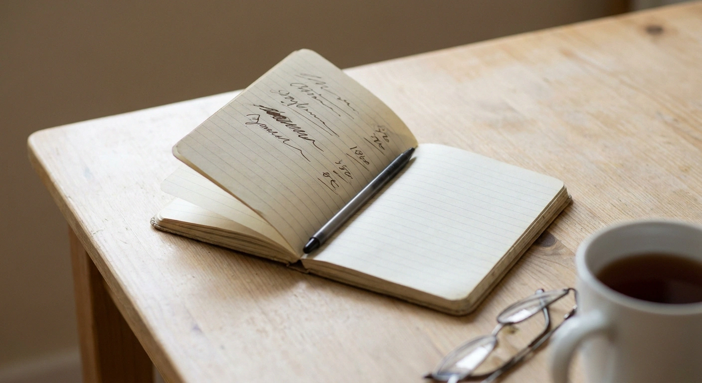 An open notebook with a short handwritten symptom entry beside a mug