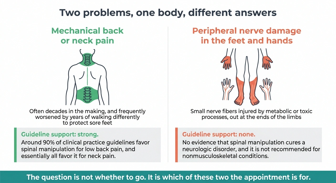 Two-column diagram separating mechanical spine pain from peripheral nerve damage and their evidence