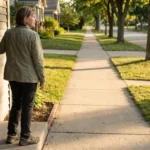 Woman in walking shoes pausing at her front door looking down a residential street