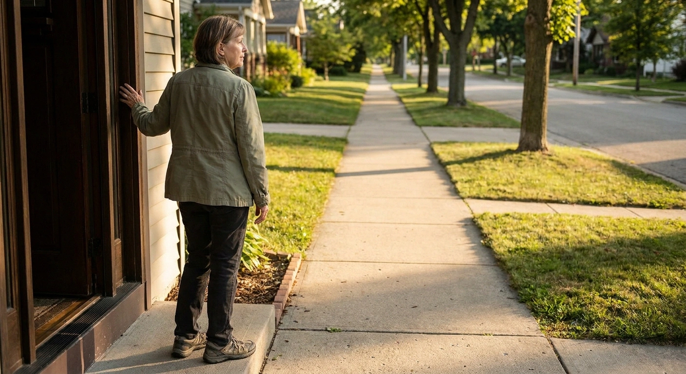 Woman in walking shoes pausing at her front door looking down a residential street
