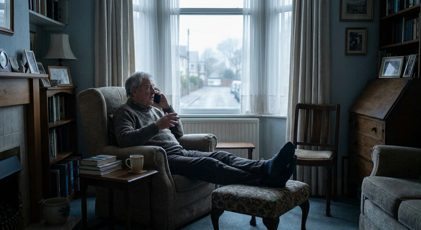 Older man on the phone in an armchair with his feet raised on a footstool