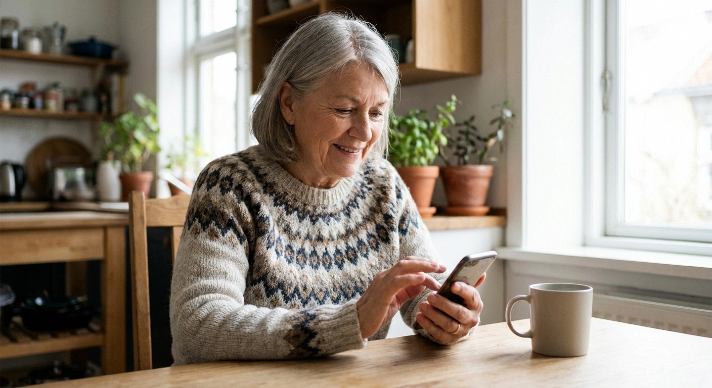 Older woman writing a message at her kitchen table in daylight
