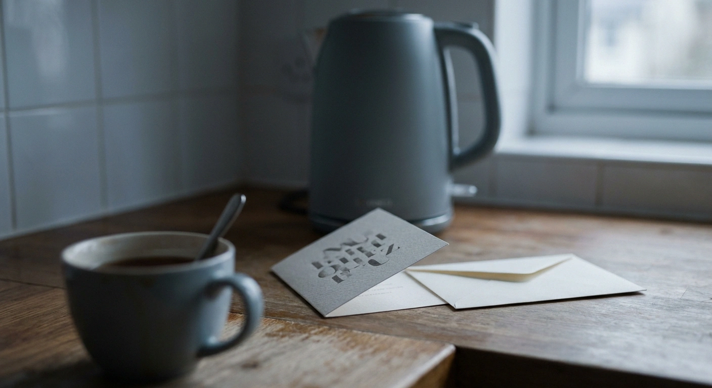 An unanswered invitation propped against a kettle beside a half-drunk mug of tea