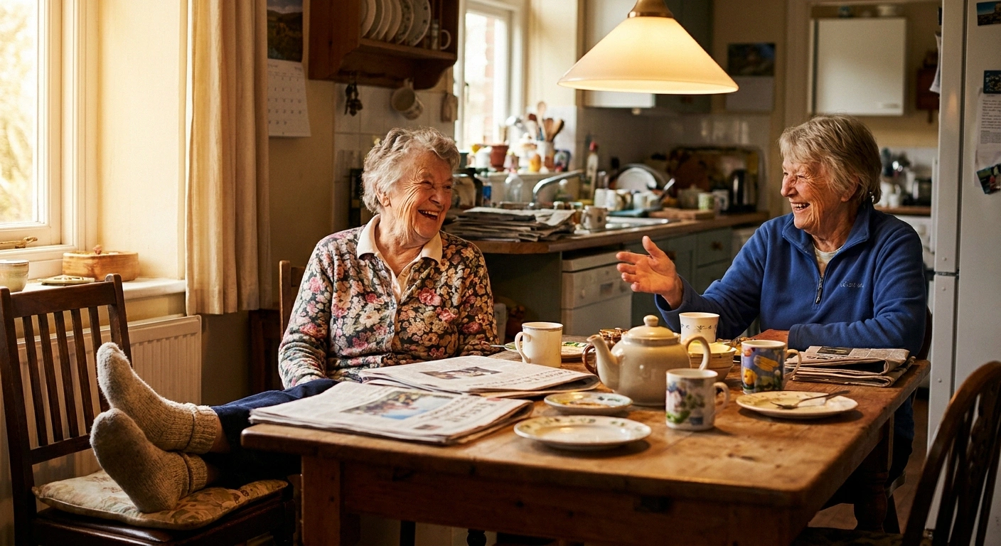 Two older women talking over mugs of tea at a kitchen table, one with feet up on a chair