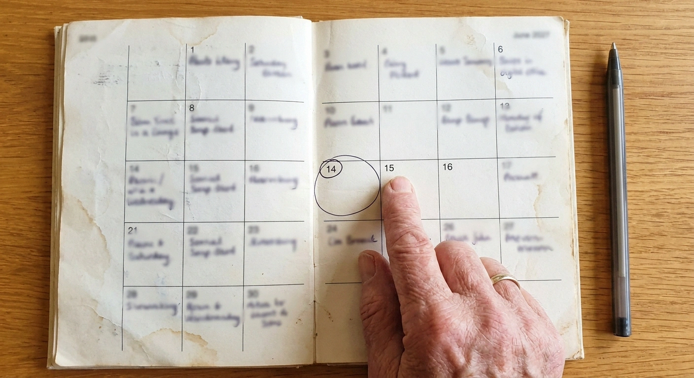 Finger resting on the day after a circled entry in a paper calendar