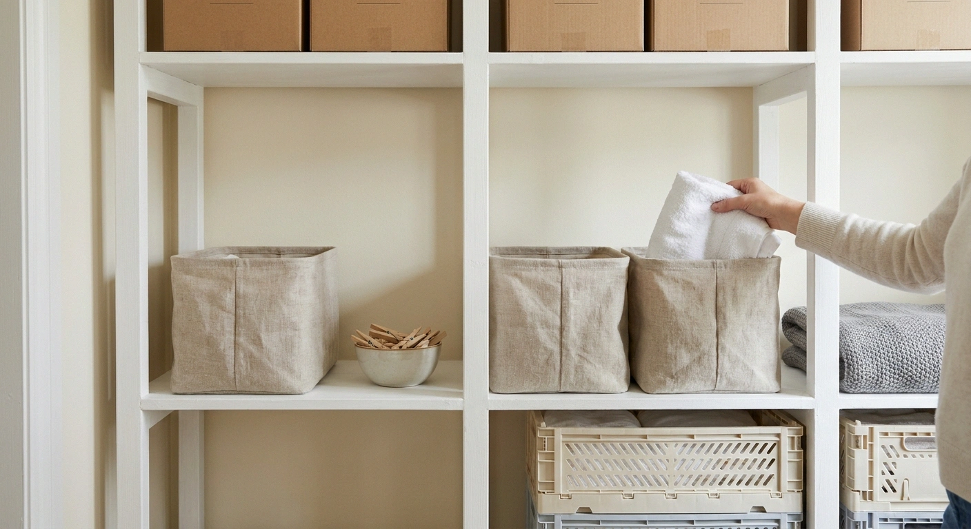 Open shelving with fabric bins at hip to shoulder height and visible gaps, a hand placing an item in.