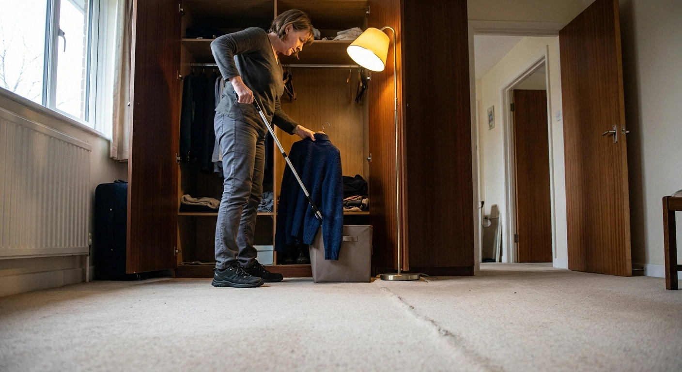 Woman standing upright using a long-handled grabber tool to lift clothing from a wardrobe floor.
