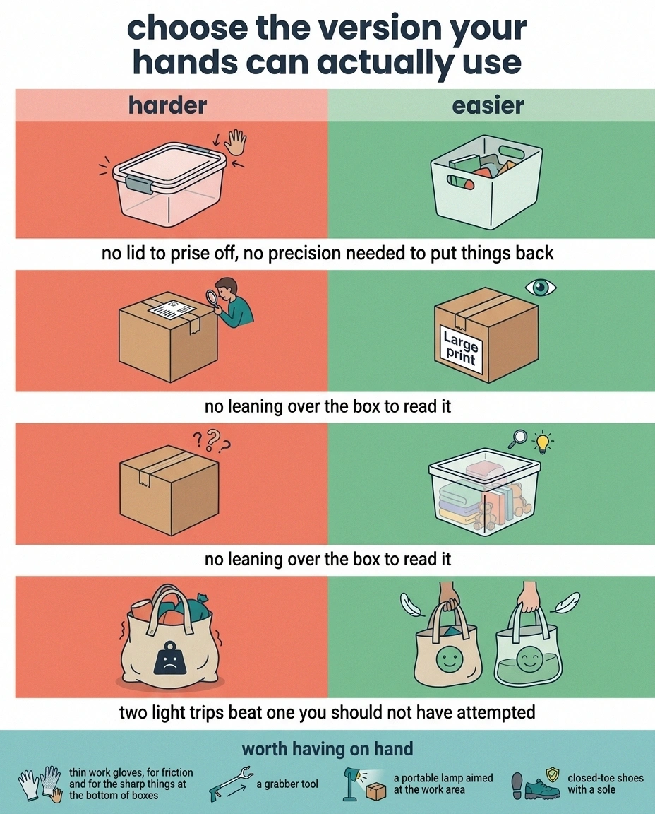 Comparison chart of harder and easier storage containers and a list of useful decluttering tools.