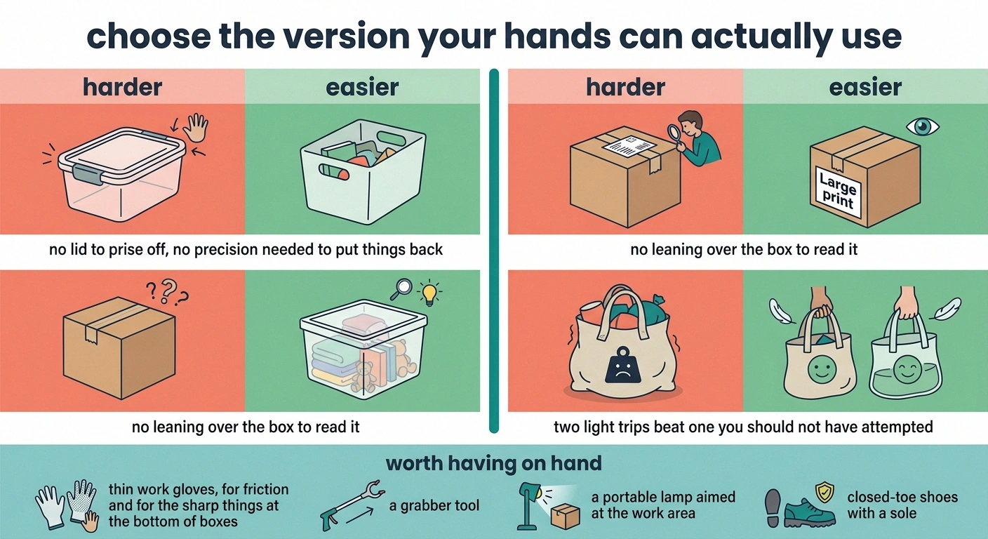 Comparison chart of harder and easier storage containers and a list of useful decluttering tools.