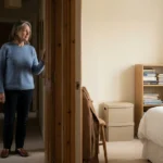 Woman standing in a bedroom doorway with one hand on the frame, surveying the room.