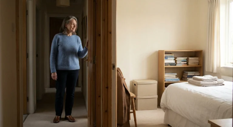Woman standing in a bedroom doorway with one hand on the frame, surveying the room.