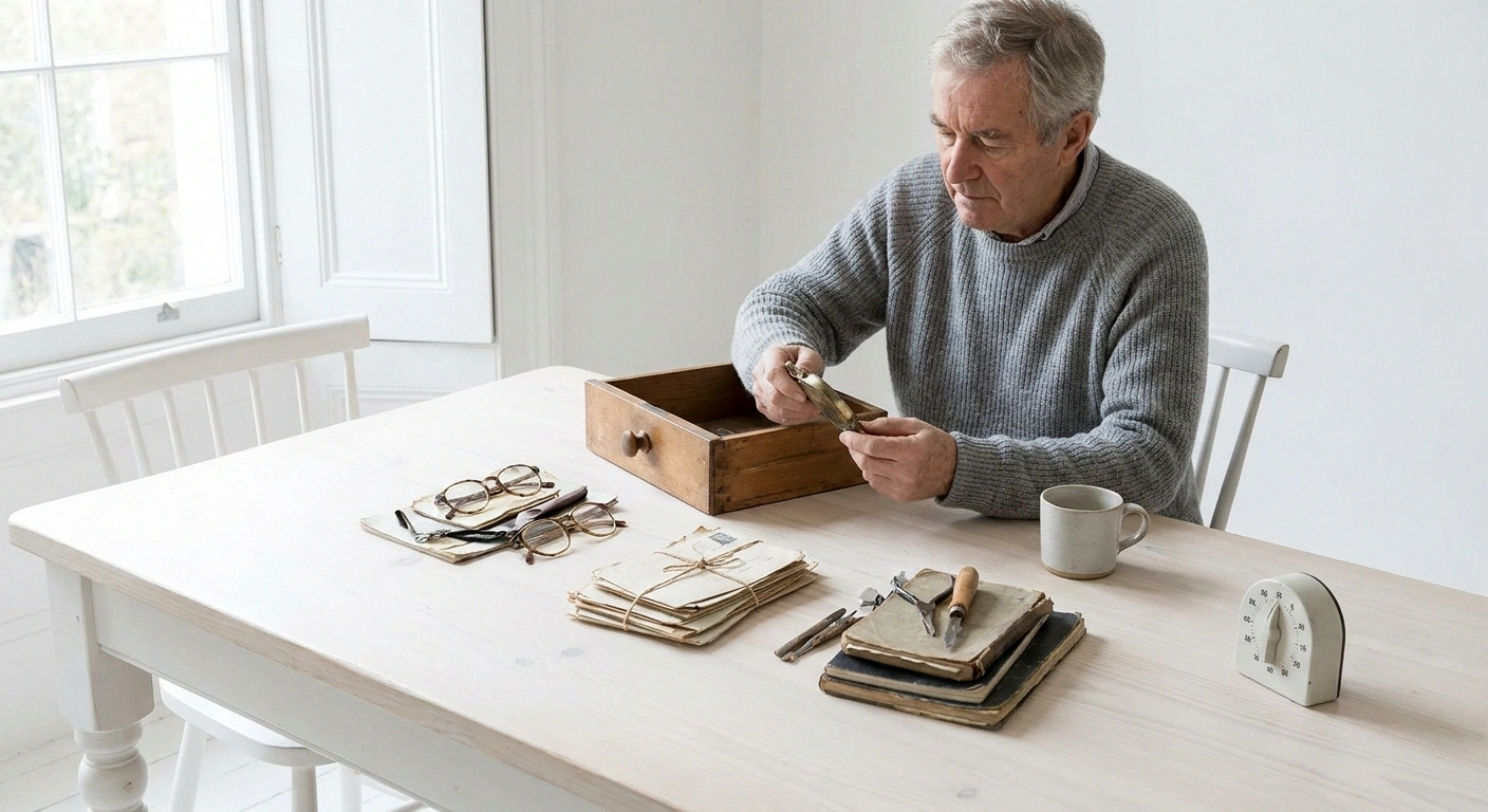 Man at a dining table sorting the contents of one small drawer into groups.