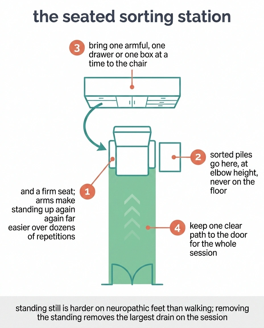 Overhead diagram of a seated sorting station with chair, side table and a clear path to the door.