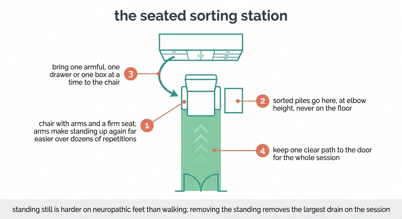 Overhead diagram of a seated sorting station with chair, side table and a clear path to the door.