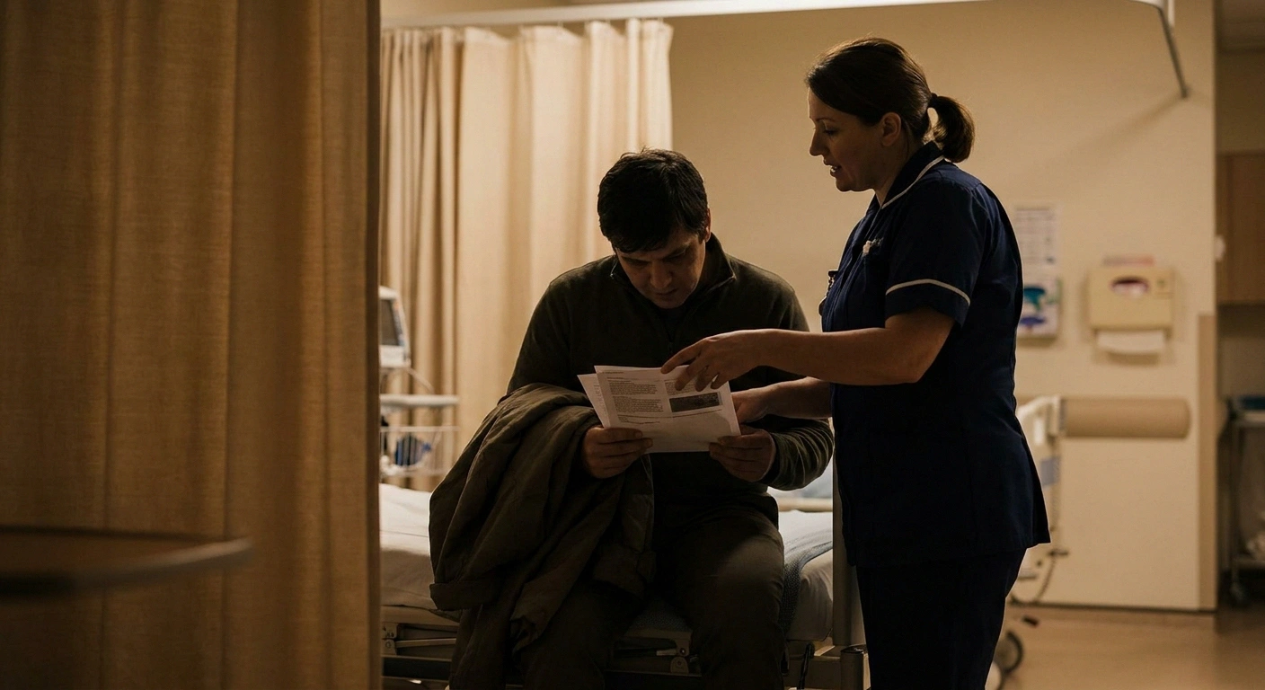 Patient reading discharge papers while a nurse explains them in a treatment bay