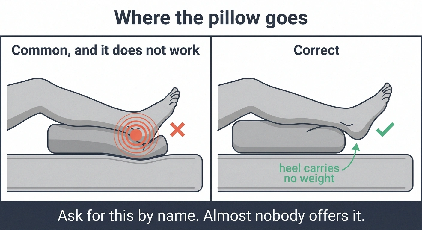 Diagram comparing pillow under the heel versus under the calf to offload heels