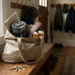 A packed tote bag with socks, papers and medications ready by a front door