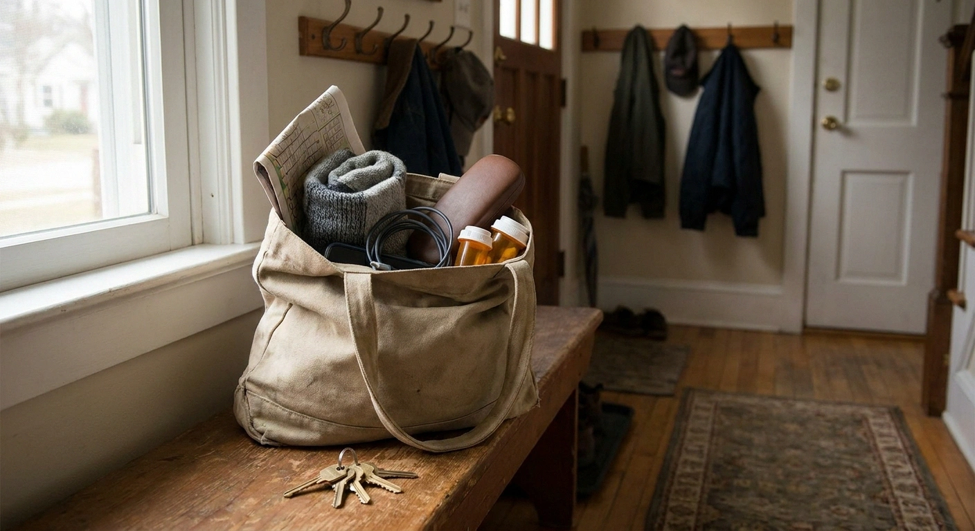 A packed tote bag with socks, papers and medications ready by a front door