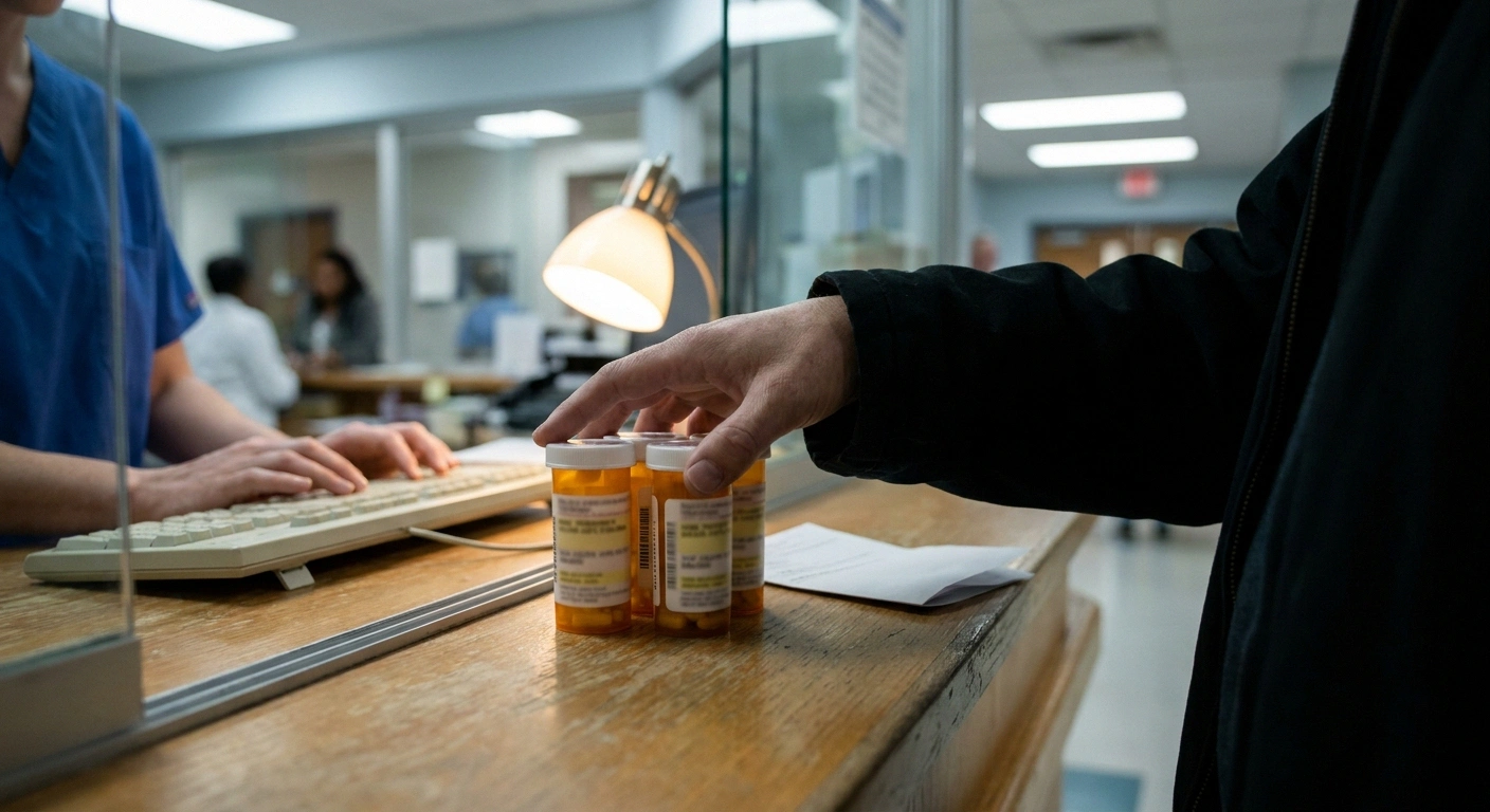 Prescription bottles and a paper sheet set on a hospital reception counter
