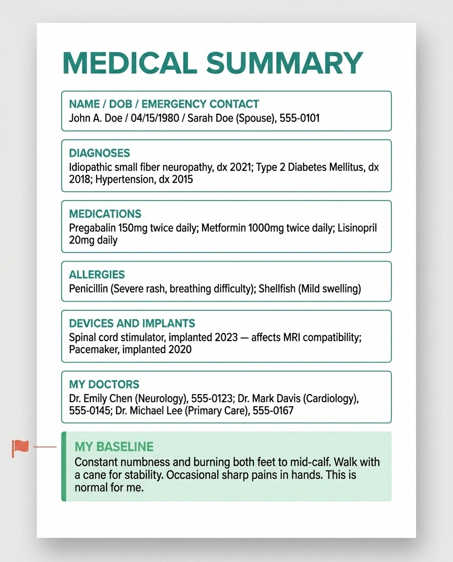 Template layout of a one-page medical summary sheet with seven sections