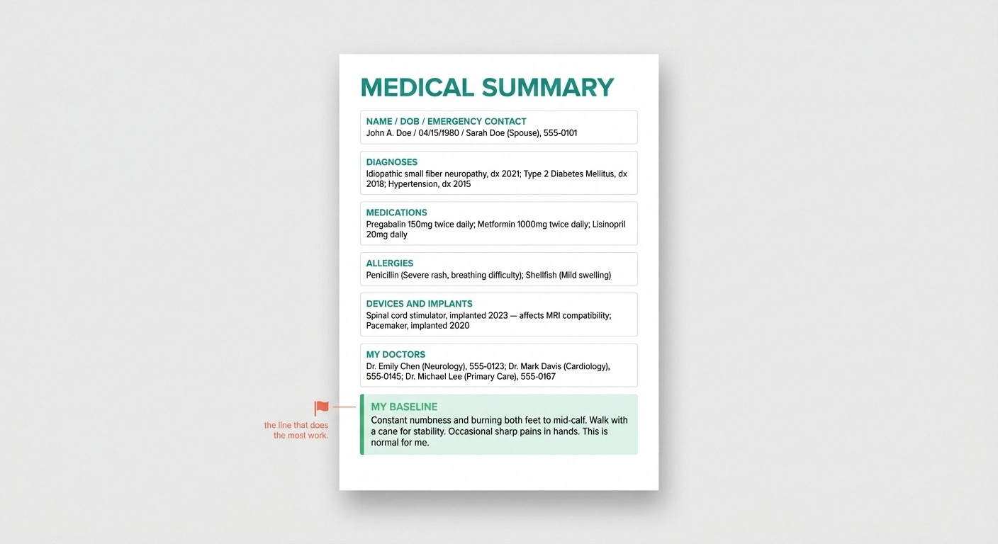 Template layout of a one-page medical summary sheet with seven sections
