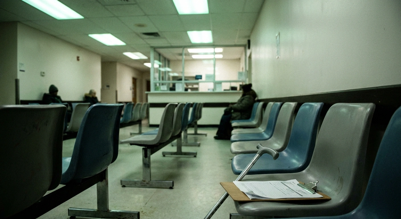 Emergency department waiting area at night with a cane on a chair