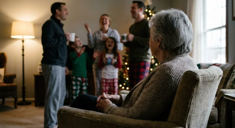 Person seated alone in an armchair slightly apart from a busy family room
