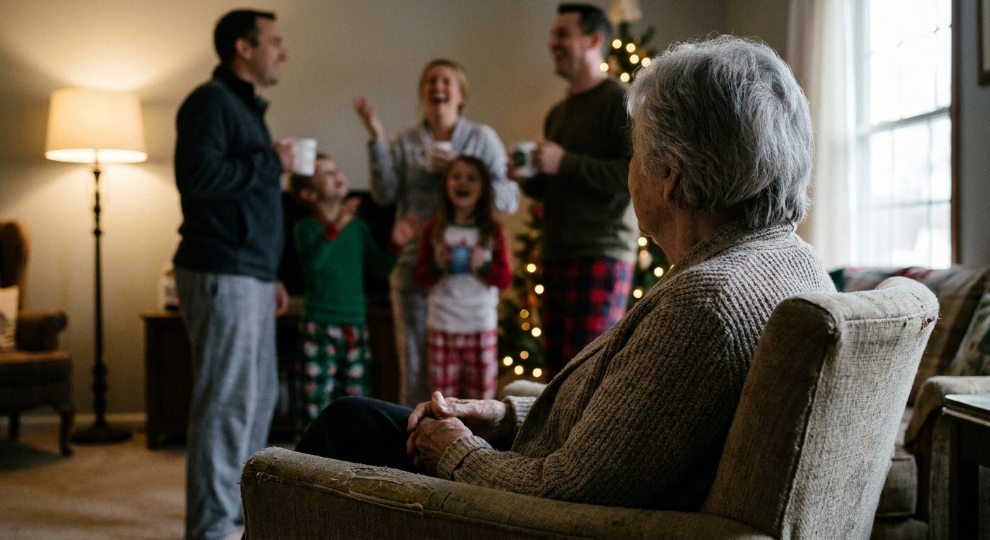 Person seated alone in an armchair slightly apart from a busy family room