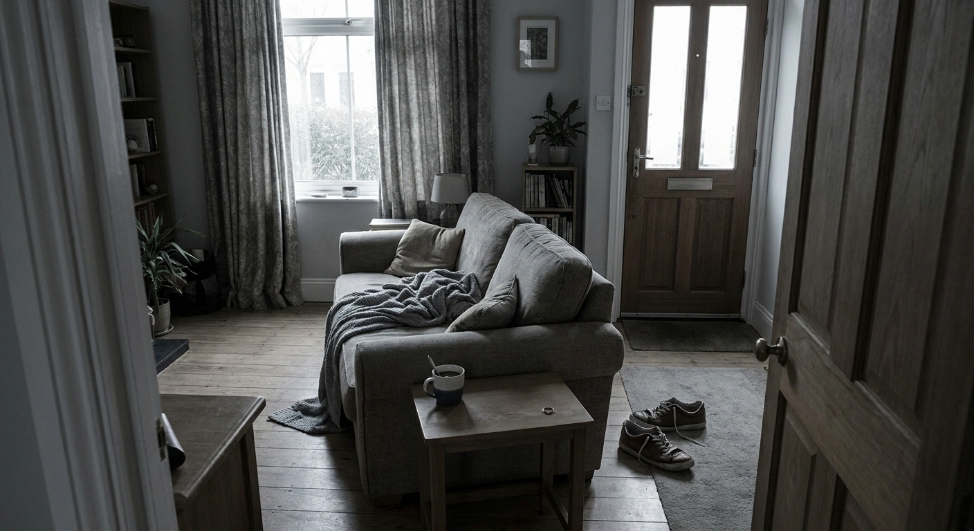 Empty living room the morning after with a blanket and cold cup of tea