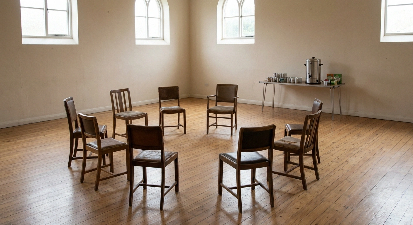 Circle of mismatched chairs set out in a community hall before a meeting