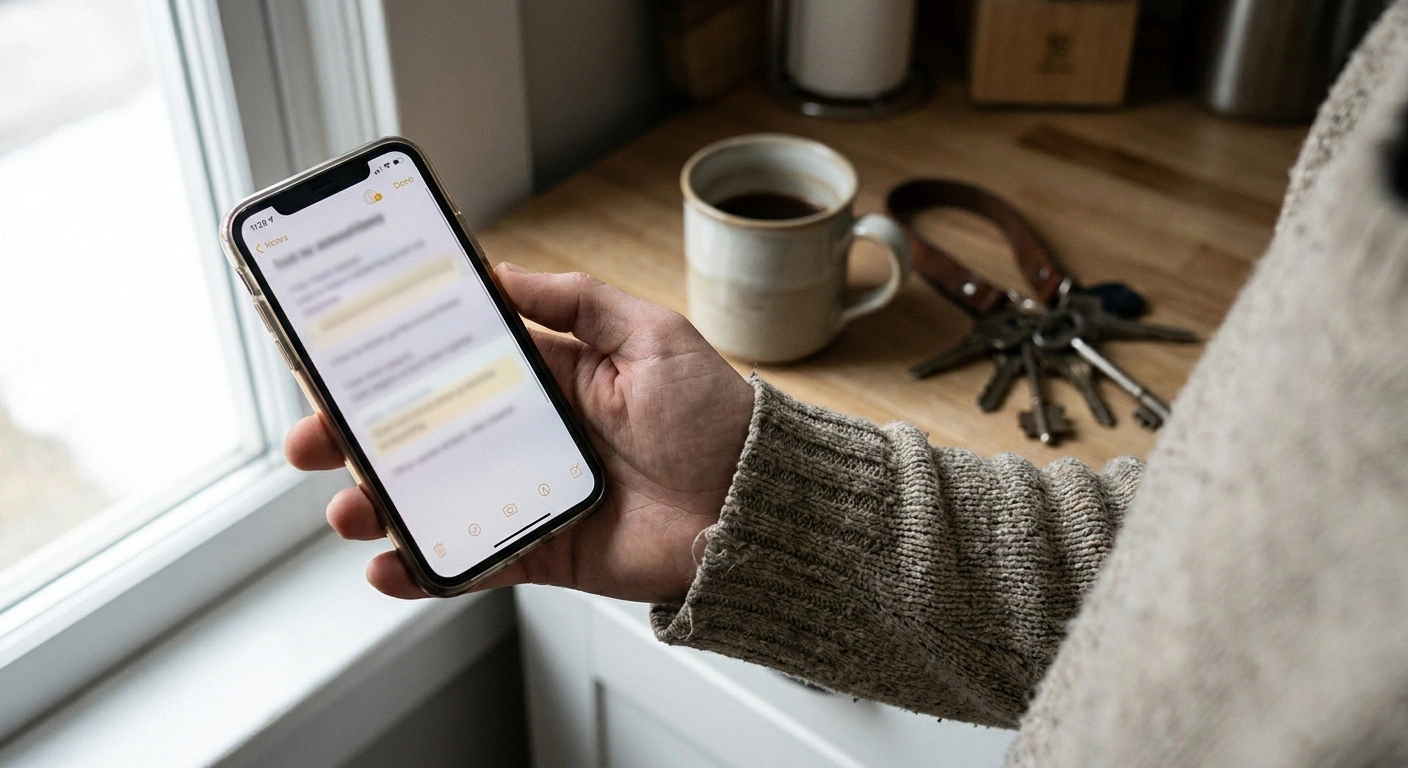 Hand holding a phone with a blurred notes app open at a kitchen counter