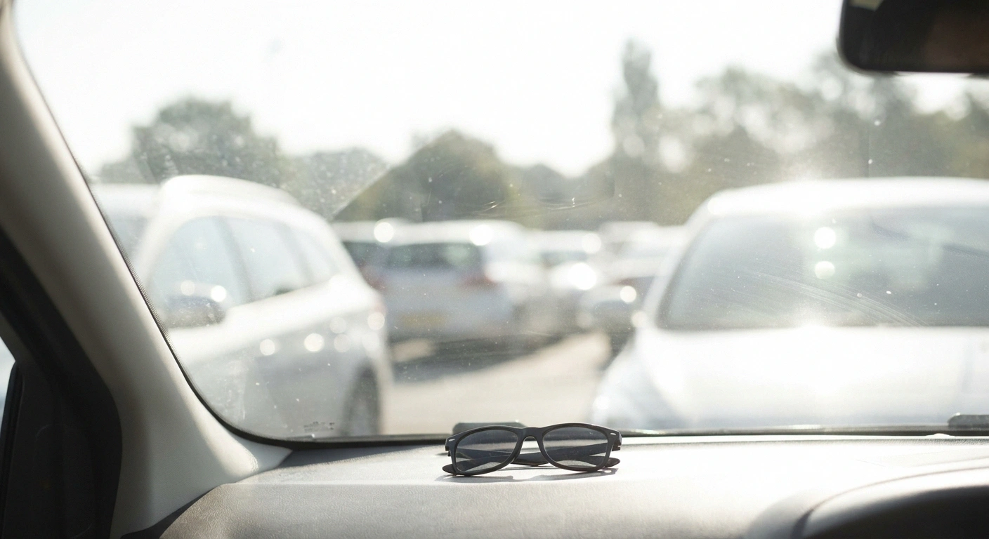 A glare-washed view of a bright car park from a passenger seat with sunglasses on the dashboard