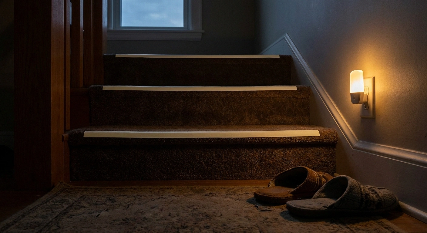The bottom steps of a dim staircase with contrasting edge tape and a floor-level nightlight