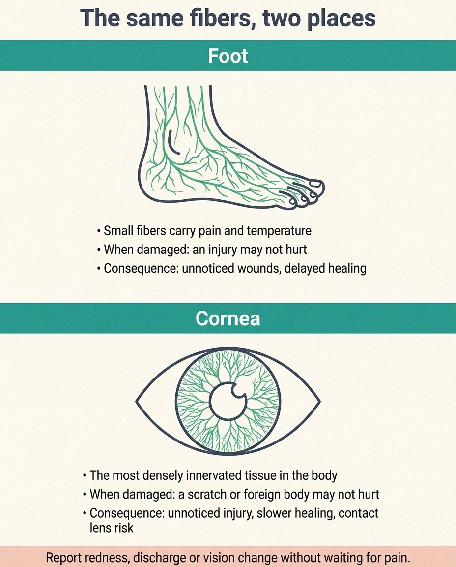 Parallel diagram showing dense small nerve fibers in the foot and in the cornea