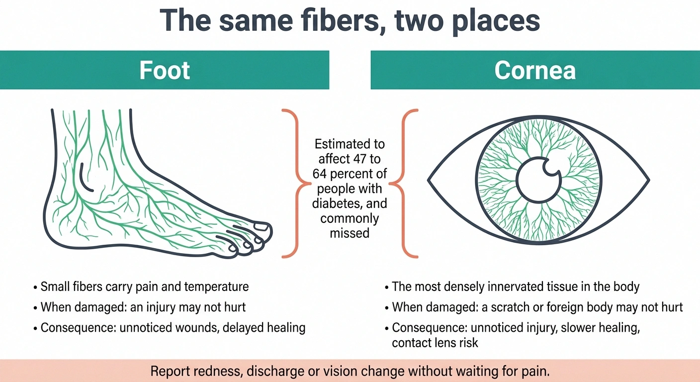 Parallel diagram showing dense small nerve fibers in the foot and in the cornea