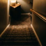 A dimly lit carpeted staircase seen from the top with step edges blending together
