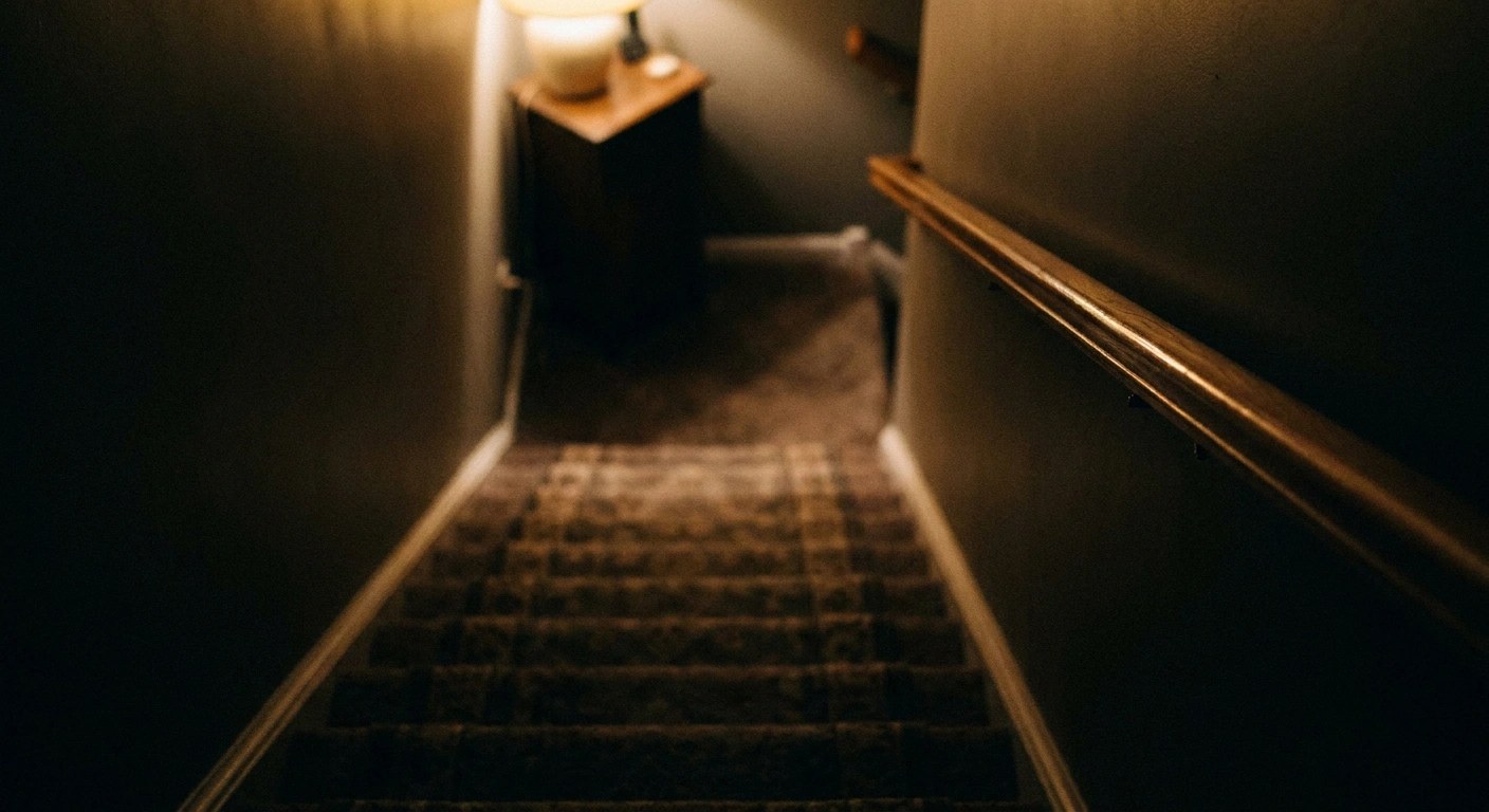 A dimly lit carpeted staircase seen from the top with step edges blending together
