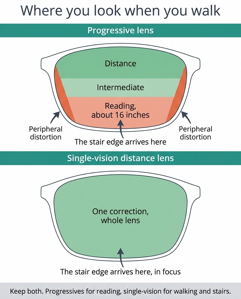 Diagram comparing the zones of a progressive lens with a single-vision distance lens