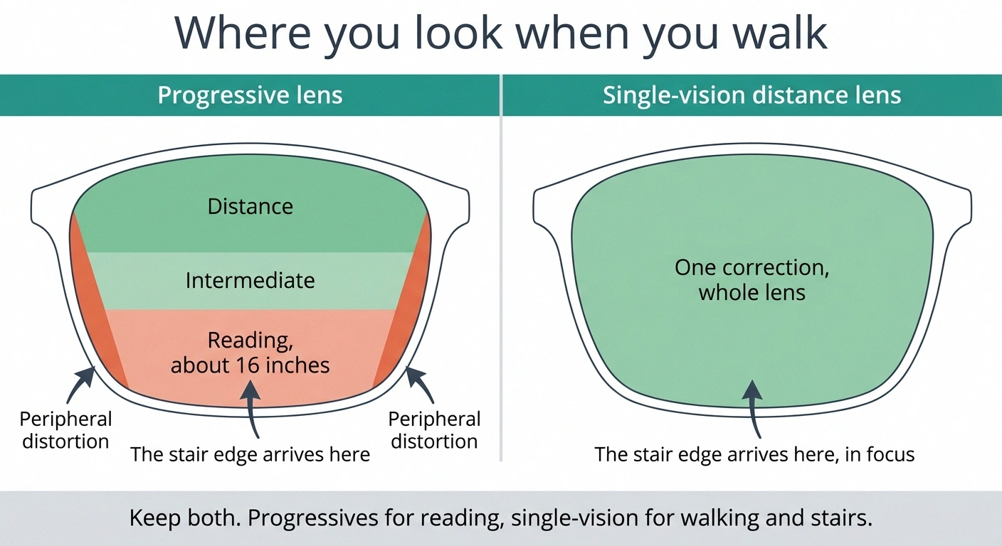 Diagram comparing the zones of a progressive lens with a single-vision distance lens