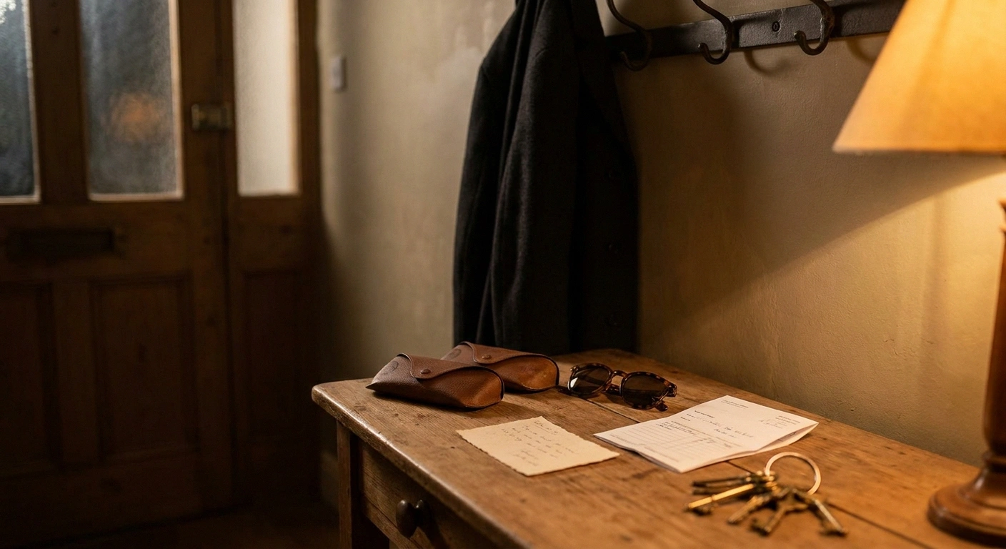 Two glasses cases, sunglasses, a note card and a medication list gathered on a hall table