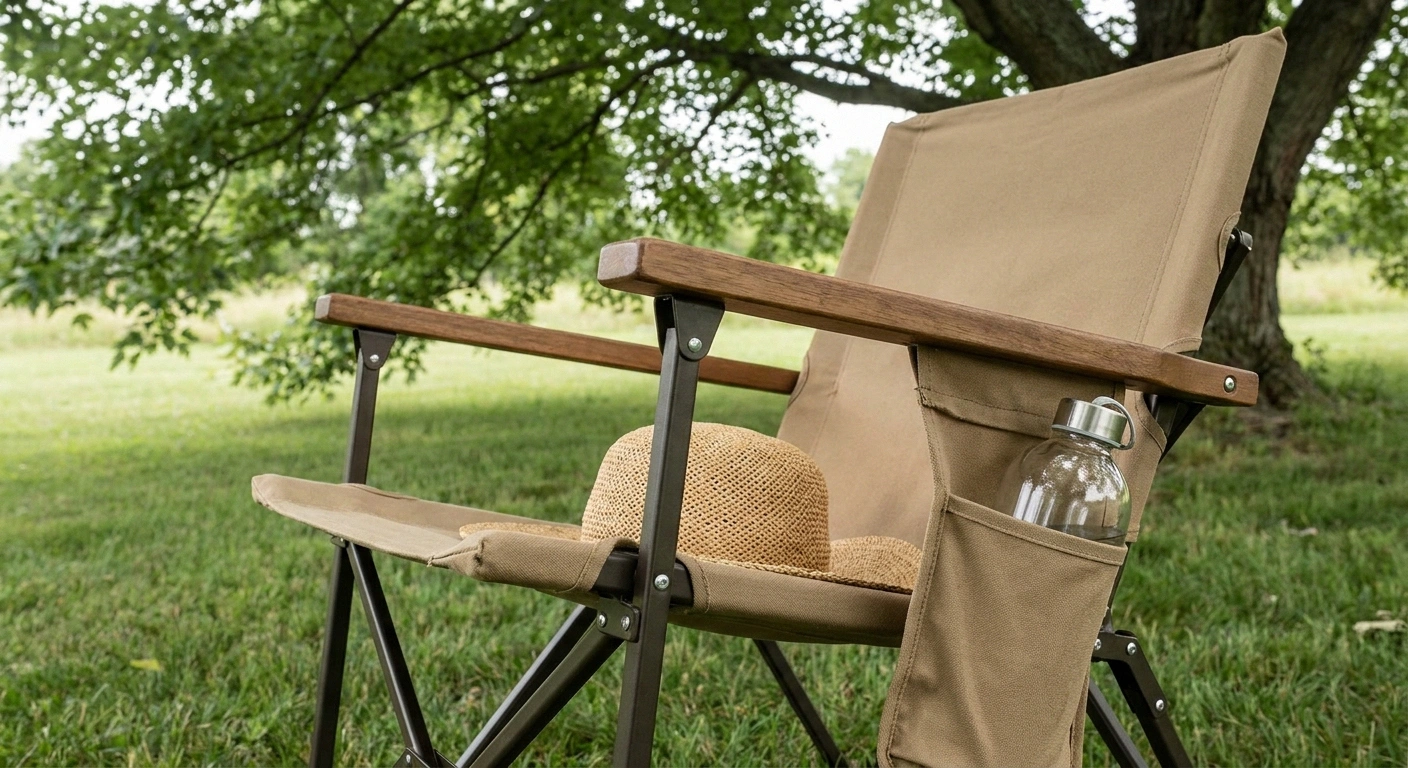 Folding camp chair with solid armrests set up in tree shade.
