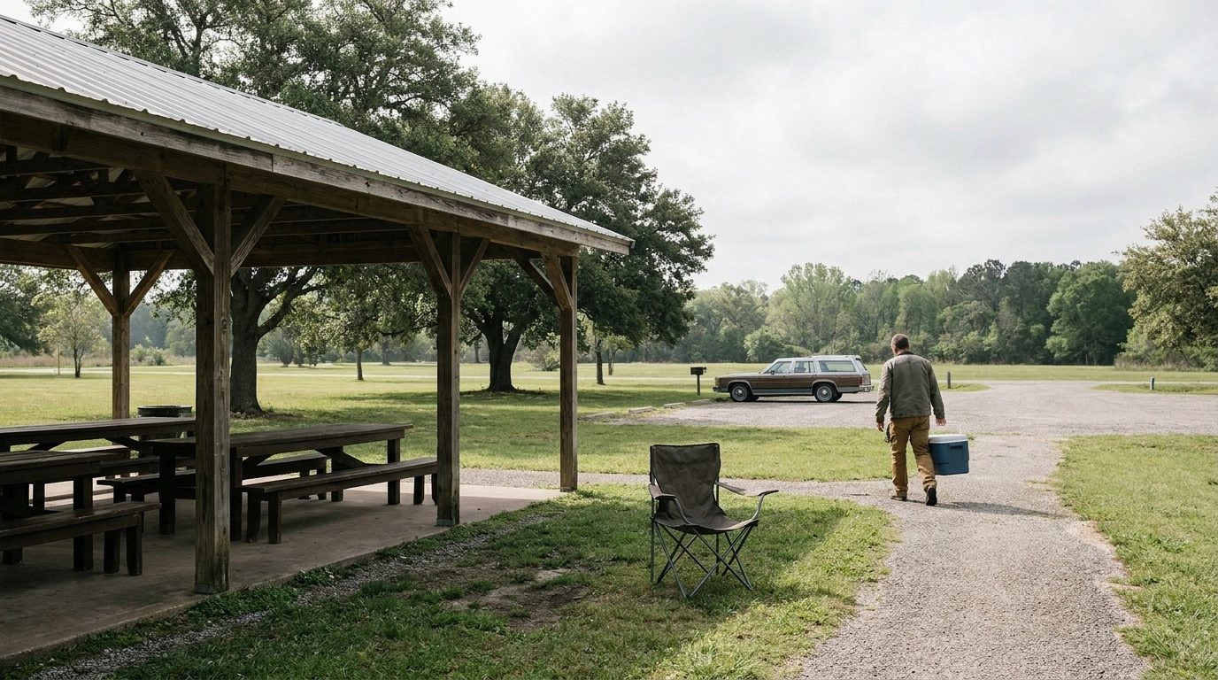 Nearly empty park pavilion with one camp chair placed in shade.