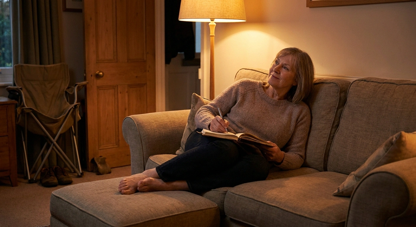 Woman writing in a notebook with her feet up on an ottoman.