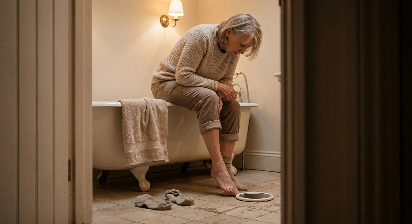 Woman inspecting the sole of her foot using a mirror on the floor.