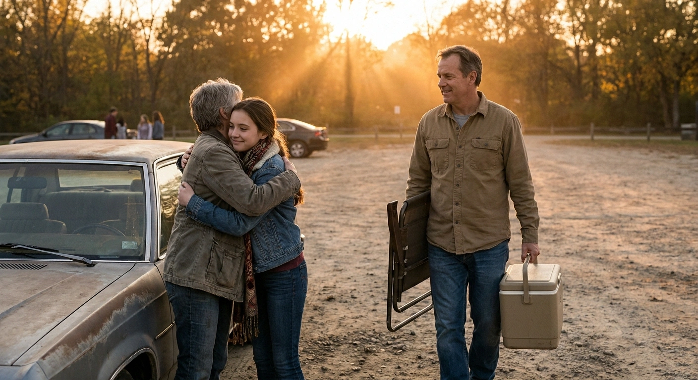 Family goodbye by a car at golden hour with a folded camp chair.